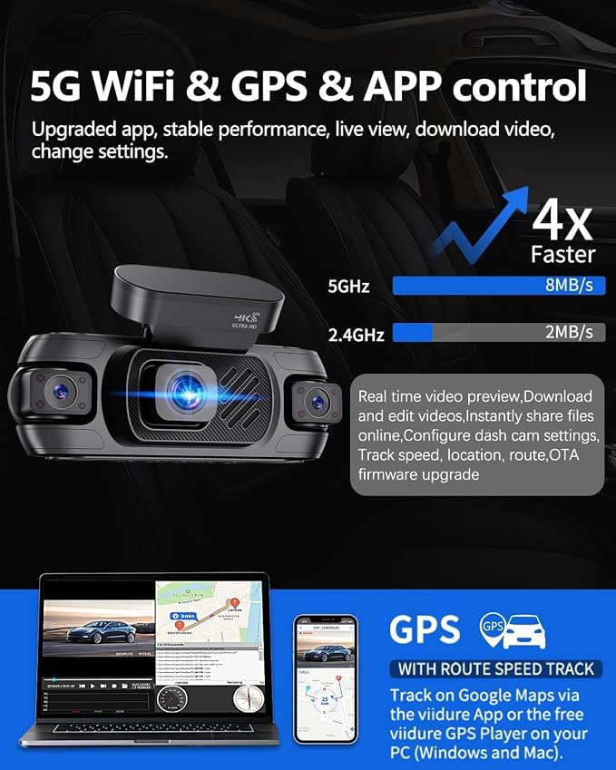 4 Channel Dash Cam Front and Rear 4K 360°View Dash Camera for Cars with GPS, G-Sensor, 5G WiFi, Loop Recording, App Control, 8 Lamps IR Night Vision, 24/7 Parking Mode, 128G Card