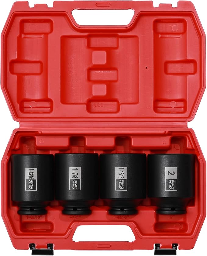 Mayouko 4PCS 1/2" Drive Spindle Axle Nut Impact Socket Set, 1-13/16, 1-7/8, 1-15/16, 2 Inch, CR-MO, Deep, 6 Point