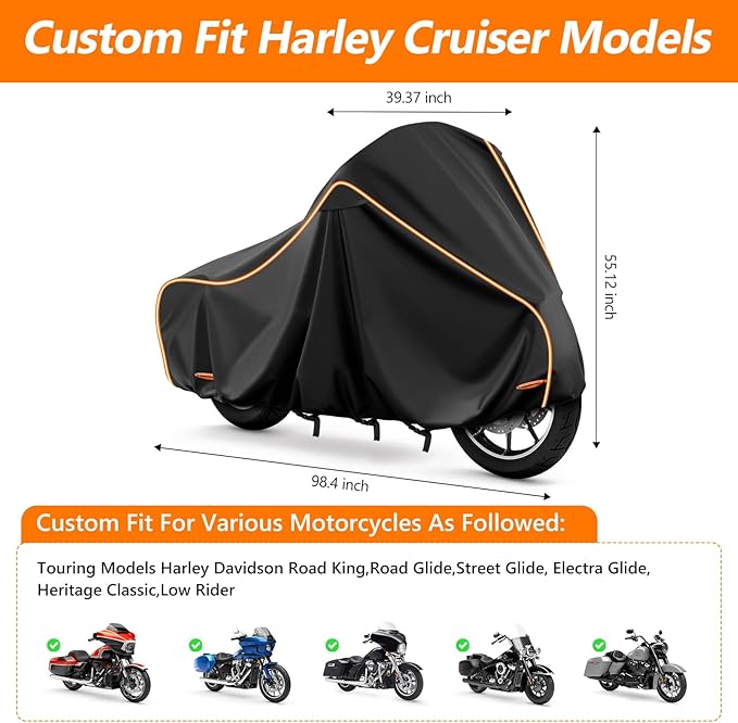 420D Motorcycle Cover for Harley Davidson Touring Models Road King, Road Glide, Street Glide, Electra Glide, Heritage Classic, Low Rider Outdoor Bike Cover Waterproof Fits up to 118” Motorcycle