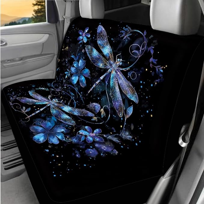 BIGCARJOB 15 Pack Purple Dragonfly Car Seat Cover Full Set Auto Seat Headrest Cover Universal Steering Wheel Cover Car Trash Can Hanging Automotive Interior Sets for Women Gifts
