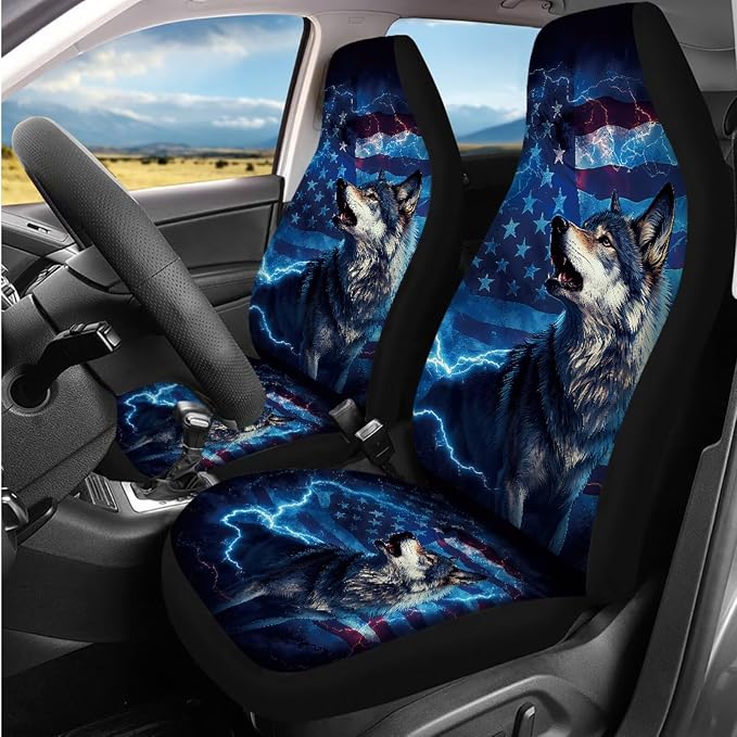 Bulopur Wolf Lightning Car Seat Covers Front and Rear with Armrest Cover Seat Headrest Cover Car Seatbelt Shoulder Strap Covers Keychain Patriotic Auto Interior Accessories Set for Van Sedan SUV