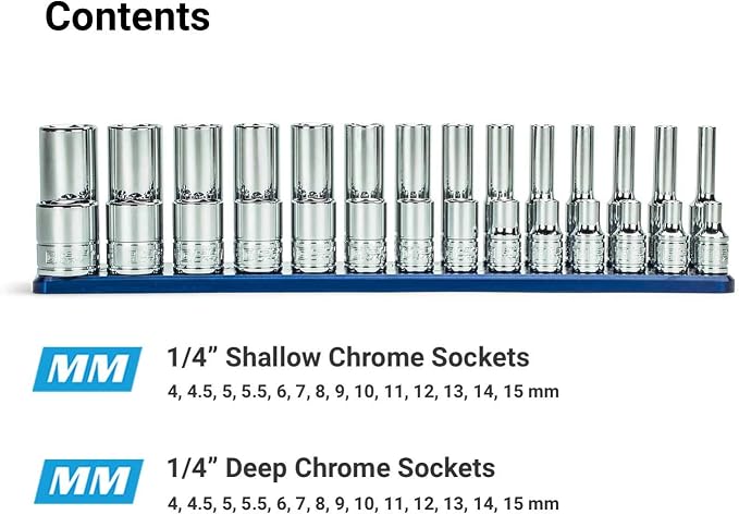 Capri Tools 1/4 Drive Shallow and Deep Chrome Sockets Set, 6-Point, 4 to 15 mm, Metric, 28-Piece with Billet Aluminum Socket Rail