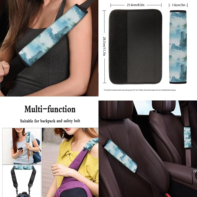 Turquoise Landscape Painting 13 PCS Car Seat Covers Full Set Retro Mountain Range Print Car Front Back Seat Cover Steering Wheel Cover Fit Auto SUV Trucks