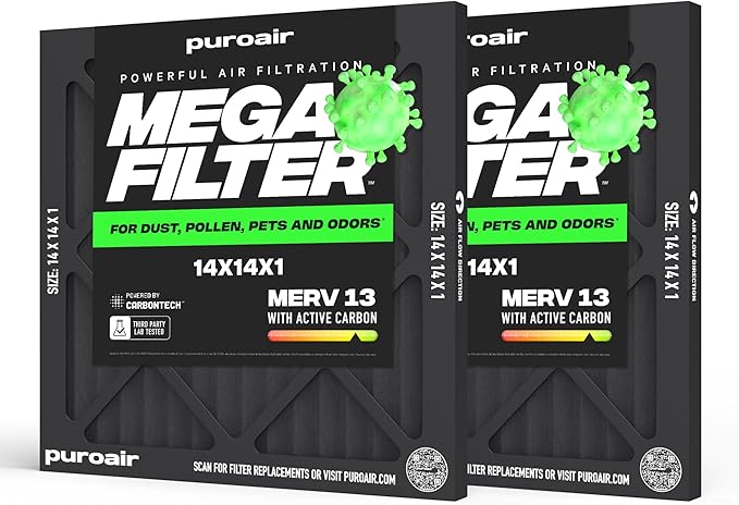 PuroAir MegaFilter - 14x14x1 Air Filter MERV 13 Activated CarbonTech Defense - Heavy Duty 3 Layer Furnace Filters Allergens, Pollen, Dust, Pet Dander, Smoke, Odors - HVAC Air Filter 14x14x1 (2-Pack)