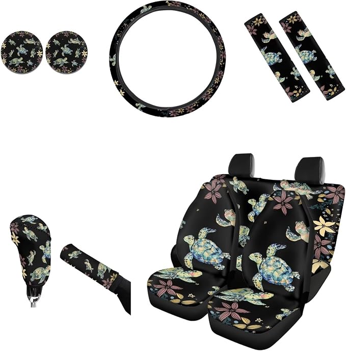 AFPANQZ Sea Turtle and Floral Car Seat Covers with Seat Belt Shoulder Pads Cup Holder Steering Wheel Cover Gear Shift Knob Cover Handbrake Protector Full Set of 11 Car Interior Decor