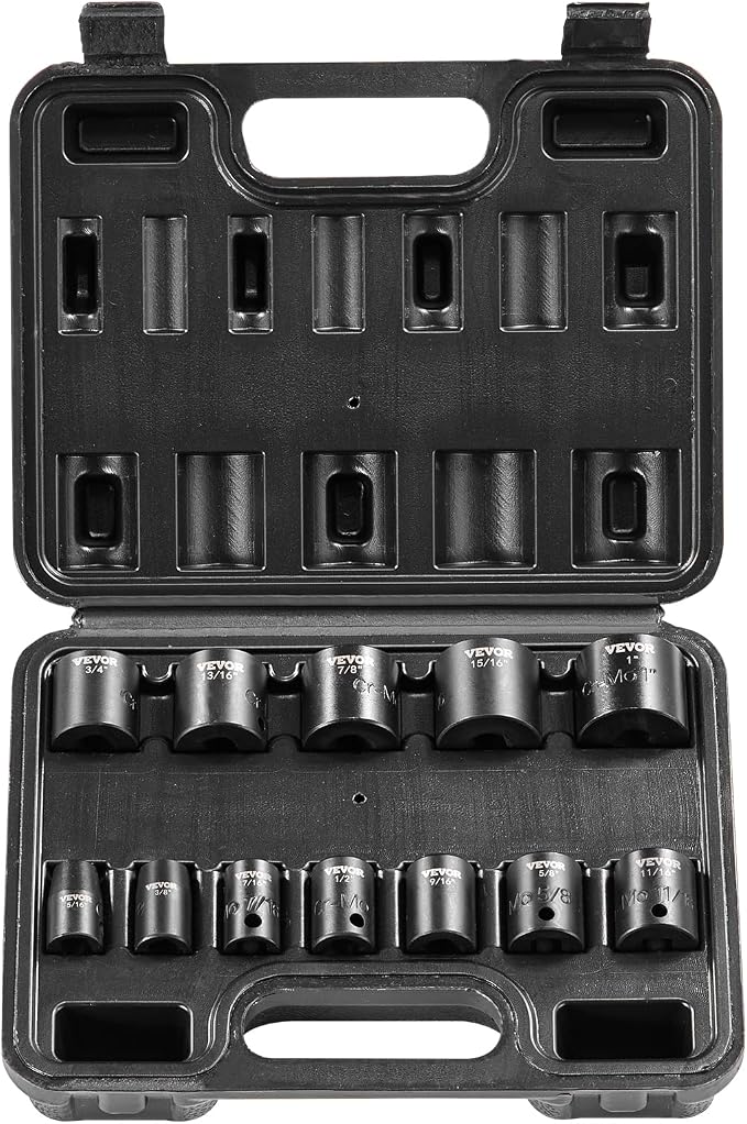VEVOR 3/8" Drive Impact Socket Set, 12 Piece Shallow Socket Set SAE 5/16"-1", 6 Point Cr-Mo Alloy Steel for Auto Repair, Easy-to-Read Size Markings, Rugged Construction, Includes Storage Case