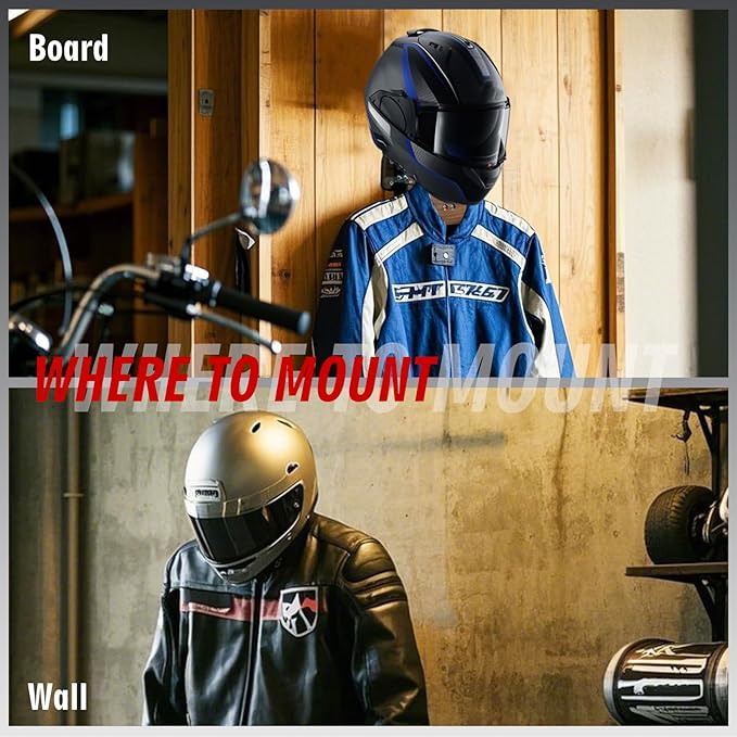 Helmet Holder Wall Mount, Motorcycle Helmet Rack with Dual Support Pillars & T-Shaped Hooks, Heavy-Duty Steel Garage Organizer for Helmets, Riding Gear & Tools