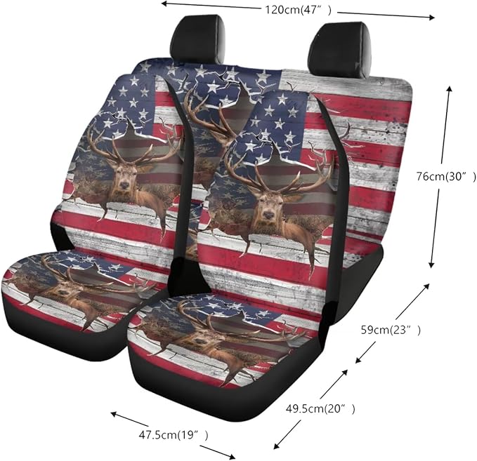 3D Deer American Flag Print Car Accessories Set of 13, 4 PCS Car Front and Rear Seat Covers, 1 Steering Wheel Cover, 4 PCS Soft Seat Belt Shoulder Pad and 4 PCS Cup Coasters Fit for SUV Van