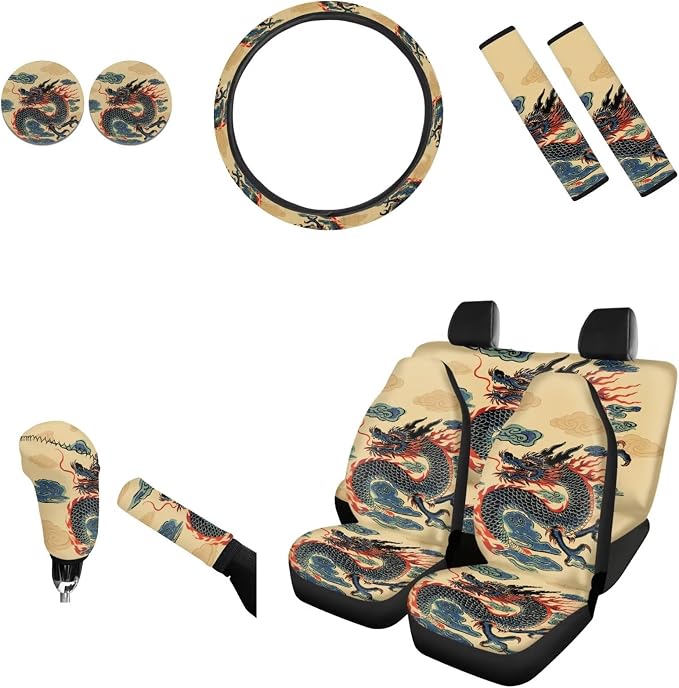 AFPANQZ Retro Dragon 11 Pcs Car Seat Cover of Front Rear Full Set Car Accessories Include Hand Brake and Gear Shift Knob Cover, Seat Belt Pads, Steering Wheel Cover for Womens