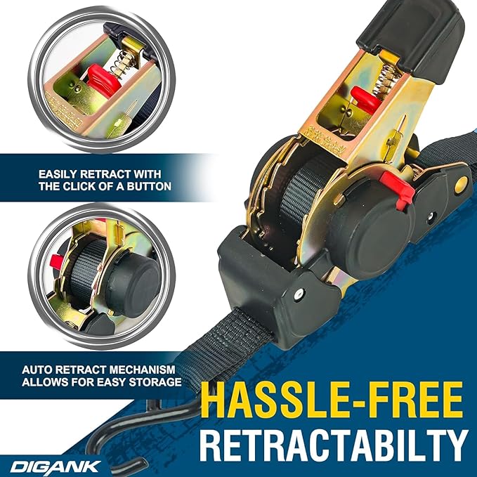 Retractable Ratchet Straps 4 Pack - 1" x 10' Each, Ratchet Straps Self Retractable 1500 lbs Break Strength. Weather Resistant Safety S-Hooks, Perfect for Boat, Securing Cargo, Any Hauling Job