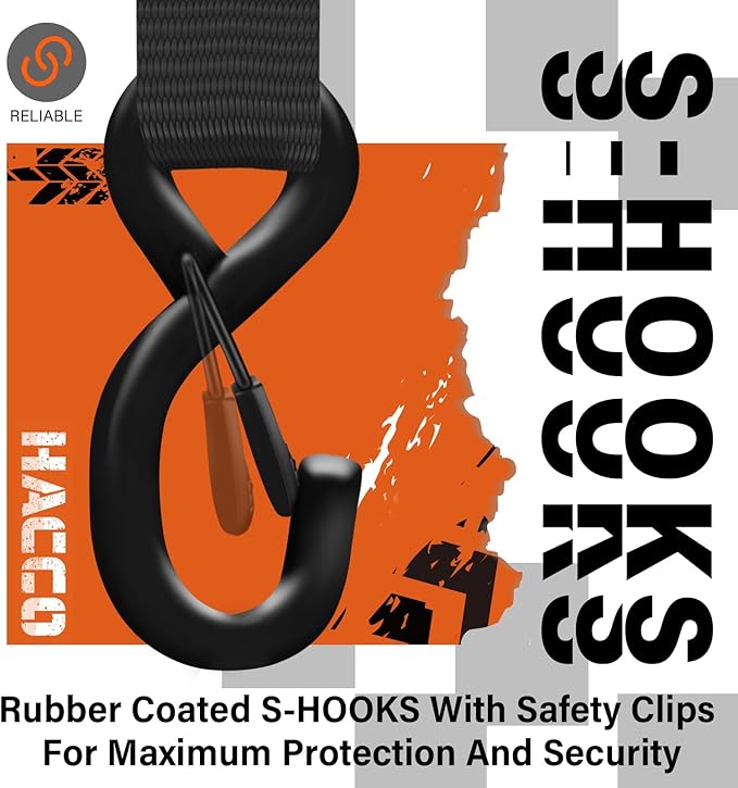 HACCOPLANET Ratchet Straps, 5280lb Break Strengeth, 1.6" Heavy Duty Ratchet Tie Down Strap Set w/Padded Handle, S Hook, Soft Loop for UTV Motorcycle Truck Cargo Straps (Black, 8FT)