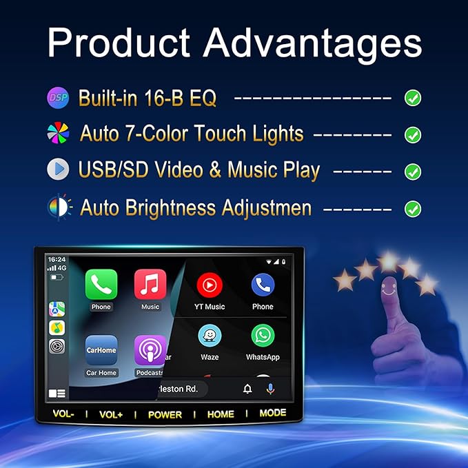 7-Inch Wireless Apple CarPlay & Android Auto Portable Car Screen, Auto Brightness Adjustment, Supports HD Video, with HD Backup Camera