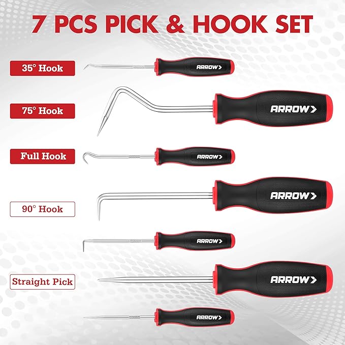 ARROW 7-Piece Hook and Pick Set with Storage Bag, Long & Mini Precision Pick Tool Set for Automotive Mechanic, O-Ring Removal Tool, Oil Seal, Gasket Puller, Hose Puller Picks