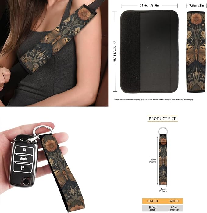 Goth Butterfly 15 PCS Car Seat Cover Set with Auto Steering Wheel Cover Seat Belt Strap Protector Cup Holder Trash Bag Rear View Mirror Protector Keychain