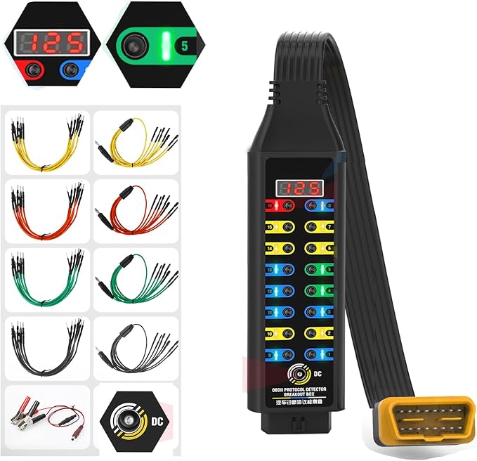 OBD2 Breakout Box, with Voltage Display, LED Indicator & Jumper Automotive OBDII Protocol Detector for Communication/Power/Ground Detection, Works with Scanner/Multimeter/Oscilloscope, 16-Pin CAN