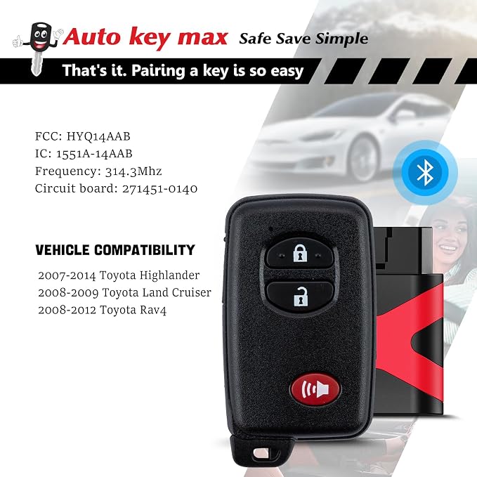 Programmable Keyfob, Replacement Car Keys Fob and DIY Programmer Kit for 2008-2012 Rav4 2008-2014 Highlander 2007-2010 Camry/Corolla Smart Remote HYQ14AAB 281451-0140 (3 Button)