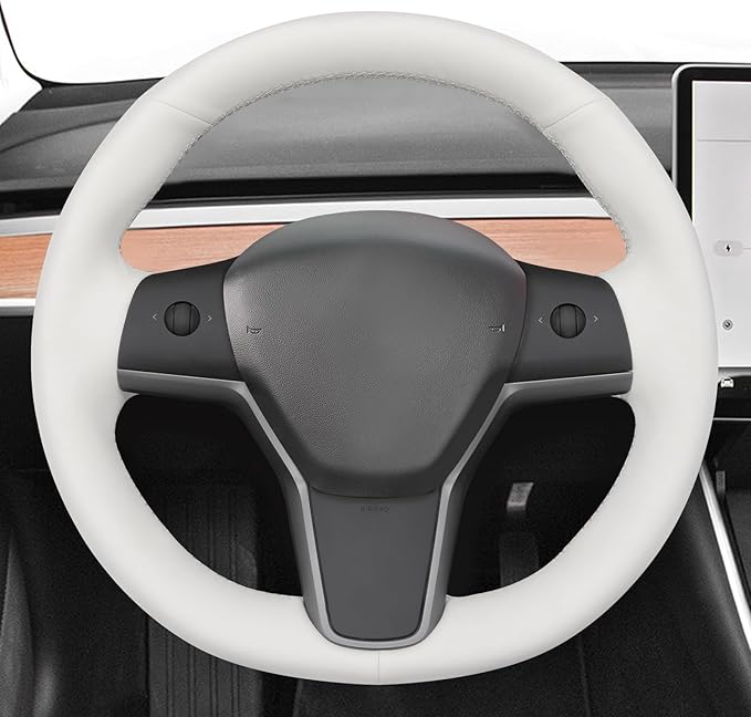 MEWANT Stitching White Faux Leather Steering Wheel Cover for Tesla Model Y Model 3 DIY Steering Wheel Wrap Accessory