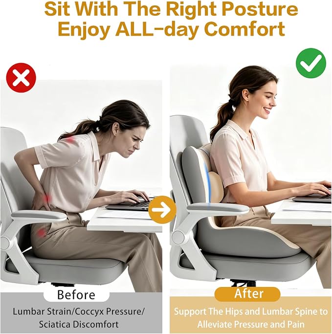 Office Chair Cushion with Adjustable Lumbar Support Pillow, Ergonomic Memory Foam Seat Cushion for Desk Chair, Tailbone Pressure Relief Cushion with Back Support Pillow for Car Seat