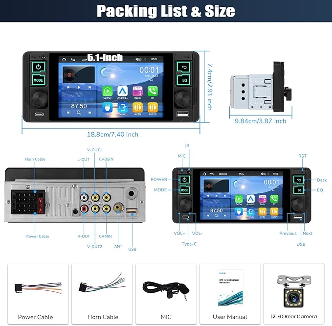 Single Din Touchscreen Car Stereo with Wireless Carplay&Android Auto,5.1 Inch Car Radio MP5 Player with Bluetooth FM Radio EQ Car Audio with USB/Type-C SWC+Backup Camera