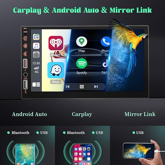 [Stable] Double Din Car Stereo with Wireless Apple CarPlay and Android Auto, 7 inch Touchscreen Car Audio Receiver with Bluetooth, FM Radio, EQ, Mirror Link, Rearview Camera, USB/AUX/U Disk/SWC