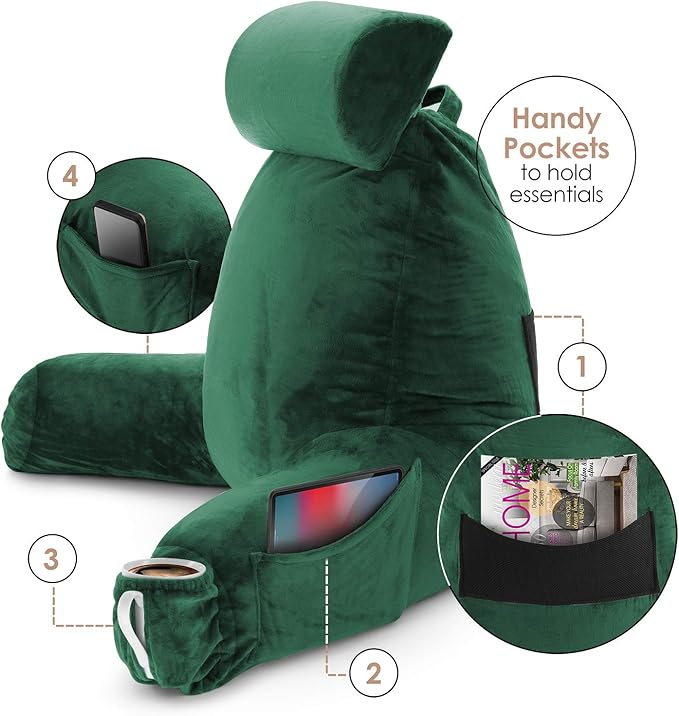 Nestl Reading Pillow with Shredded Memory Foam Includes 2 Neck and Lumber Support Pillows, Designed for Sitting Up in Bed and Couch, Back and Arms Adjustable Support for Adult & Teens, Dark Green