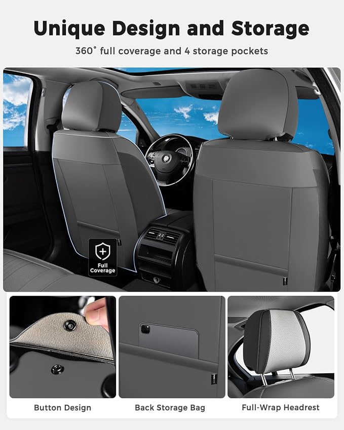 Huidasource Front Car Seat Covers, Luxury Faux Leather Car Seat Covers Front Seats, Compatible with Airbags, Seatbelt Buckles, Cooling＆Heating, Universal Fit for Most Cars Vans Trucks SUVs, Gray＆White