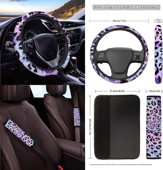 Cheetah Print 15Pcs Car Interior Cover Set Includes Car Front Rear Seat Covers Steering Wheel Cover Seatbelt Pads Inside Rearview Mirror Protector Garbage Bag Cup Coasters