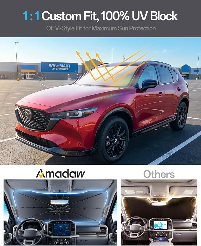Windshield Sun Shade for Mazda CX-5 2013–2026, Foldable Umbrella Sunshade with 100% UV Block, Multi-Layer Heat Insulation, Reinforced 10-Rib Frame, Keeps Car Cooler, Summer Car Accessory