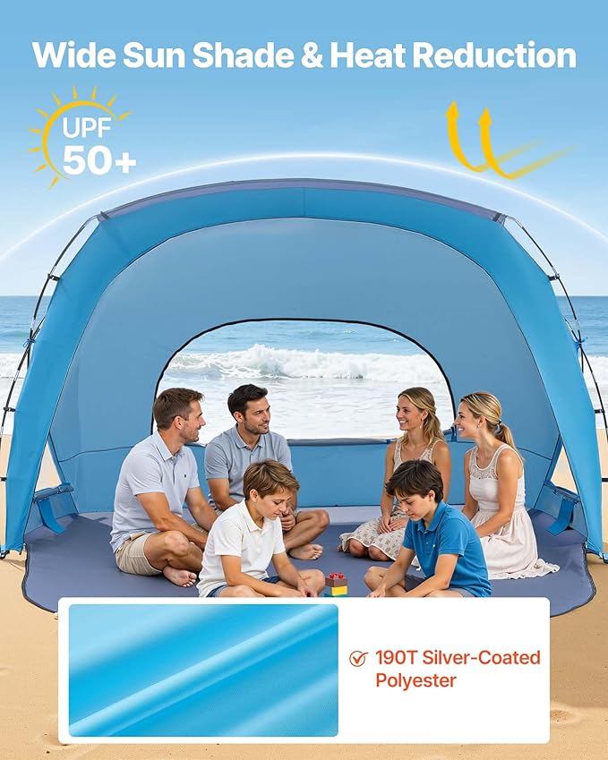 VEVOR Beach Tent Sun Shelter for 6 Person, UPF 50+, Portable Sun Shade Beach with Carrying Bag & Sand Pockets, Lightweight and Easy Setup Beach Umbrella for Family Camping Outdoor Picnic
