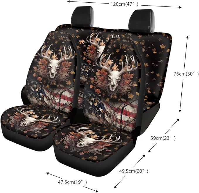 Deer American Flag Maple Leaf Pattern 13 Pieces Car Accessories Set, Non Slip Car Front and Rear Seat Cover Pack of 4, 1 PCS Steering Wheel Cover, 4 PCS Seat Belt Cover Pad，4 PCS Cup Coasters