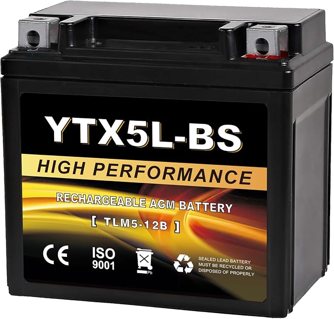 YTX5L-BS 12V 4Ah AGM Sealed Motorcycle Battery, Maintenance-Free, Compatible with Honda YUASA Yamaha ETX5L-BS Batteries