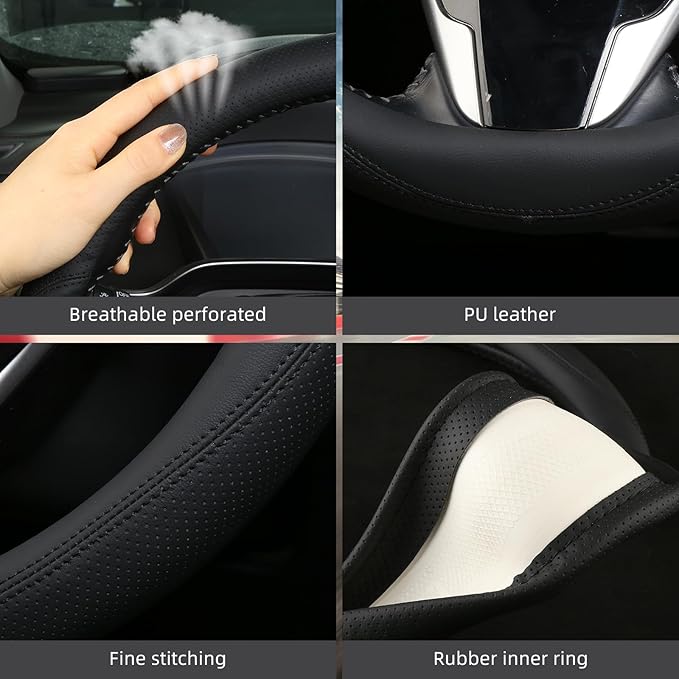 Leather Steering Wheel Cover Custom-Fit for Toyota, Comfort Grip Design Breathable and Non-Slip, Toyota Car Steering Wheel Protector for Women Men, Toyota Accessories,Black (A-Style, for Toyota)