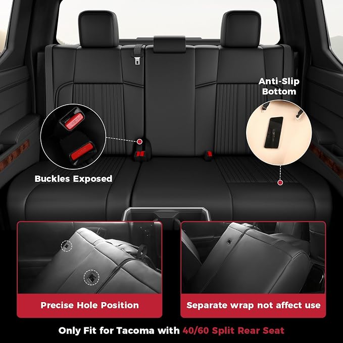 FREESOO Custom Fit Leather Tacoma Seat Covers Full Set Gen 4Th 2024-2026 Double Cab, for Sr/Sr5/Trd Prerunner/TRD Sport/TRD Off-Road/Limited, Seat Covers for Tacoma (5 Seats, Black)