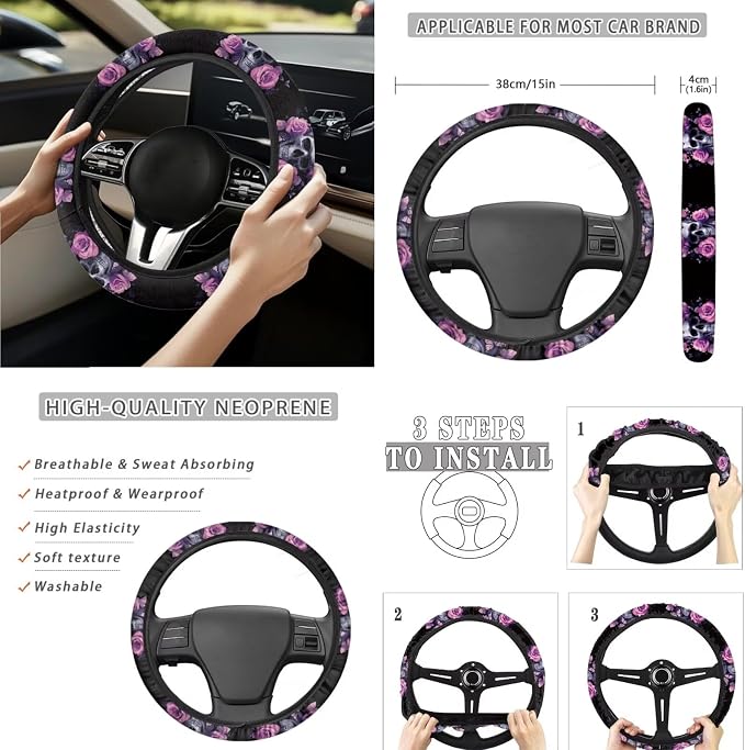 15 Pcs Pink Rose Skull Auto Interior Accessories Car Seat Covers with Auto Steering Wheel Cover Seat Belt Covers Car Trash Can View Mirror Cover Coaster Keychains