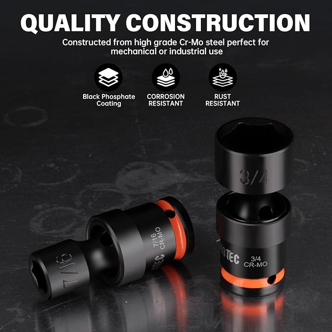 7-Piece 3/8" Drive Shallow Impact Universal Joint Swivel Socket Set, SAE(3/8”-3/4”), Flexible Wobble, CR-MO Steel, with Heavy-Duty Storage Case