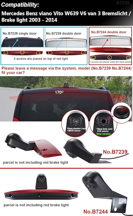 1280 * 720 Pixel Third Roof Brake Lamp Car Backup Camera Replacement for Mercedes-Benz Viano W639 Vito/Mixto Kasten Bus W639 Waterproof Night Vision Reverse Parking+7" inch TFT LCD Mirror