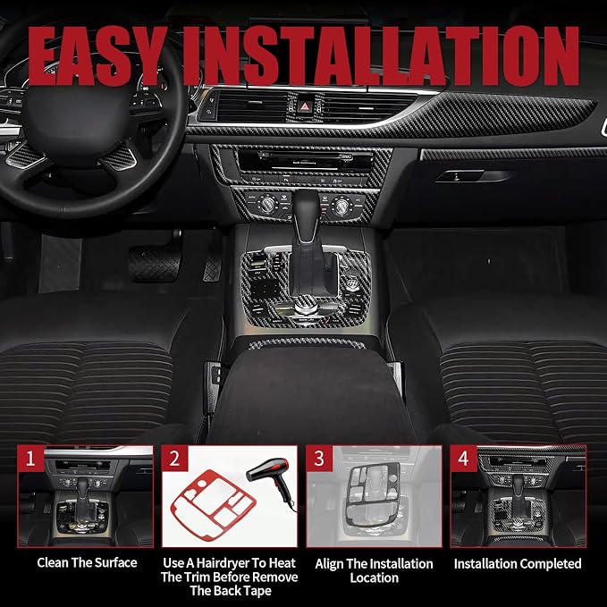 31PCS Real Carbon Fiber Interior Trim Kit Compatible with Audi A6 C7 2012-2018, Interior Decal Sticker Accessories