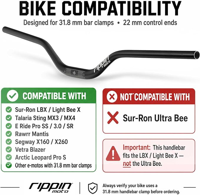 Rippin Moto RISE3 E-Moto Handlebars for Sur-Ron - 3" Rise x 770mm Wide, 22mm Ends, 31.8mm Center - Riser Bars for Talaria Sting, E-Ride PRO, Rawrr Mantis, Vetra Blazer, Surron LBX (Green (Polished))