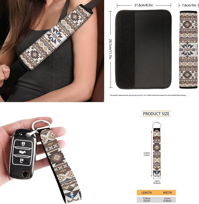 Earthy Tribal Car Seat Covers Set of 15 with Universal Steering Wheel Cover, Rearview Mirror Cover, Car Trash Can, Seatbelt Pads, Cup Holder Coasters, Keychains