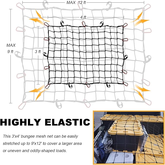 GSPSCN Cargo Net 3' x 4' for Truck Pickup Bed, Trailer,Boat,RV SUV Stretches to 9'x12' Max Roof Rack Net,Small 4”x4” Mesh Heavy Duty Bungee Cord Net for Tacoma,Frontier,Colorado & Subaru Crosstrek