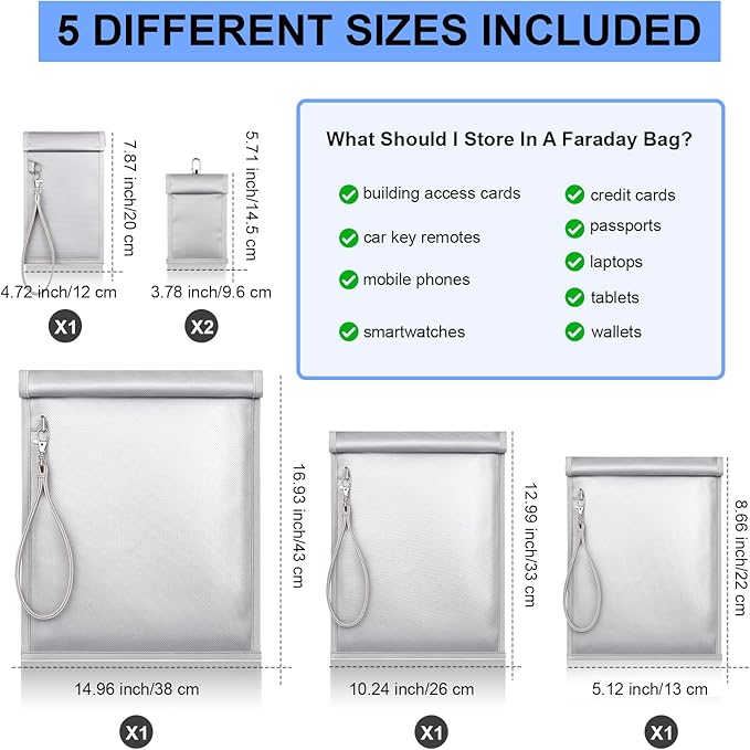 Shinylin 6 Pack Faraday Bags, Signal Blocking Pouches for Laptop Phone Car Key Tablet, Waterproof EMP Proof Anti Theft Anti Tracking Blocker Case (Silver)