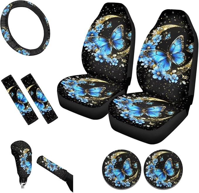 Tupalatus Blue Butterfly Auto Front Seat Covers Steering Wheel Cover,Seat Belt Pads,Cup Holder Gear Shift Knob Cover,Car Handbrake Protector Full Set of 9 PCS for Ladies Gifts,Universal Fit