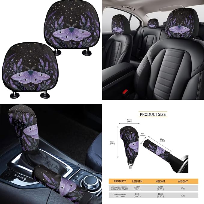 Purple Vintage Moth Car Seat Covers Full Set 15 Pcs Universal Car Accessories Steering Wheel Cover Seat Belt Pads Garbage Bag Car Headrest Pillow Covers Armrest Pad