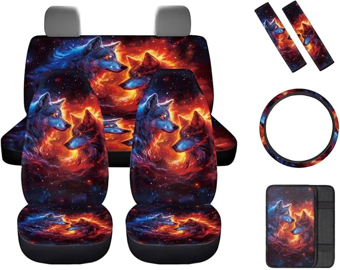 Flame Wolf Car Seat Covers Full Set, Car Steering Wheel Cover, Auto Center Console Pad, Auto Seat Belt Pads, Cool Automotive Interior Accessories Set of 8