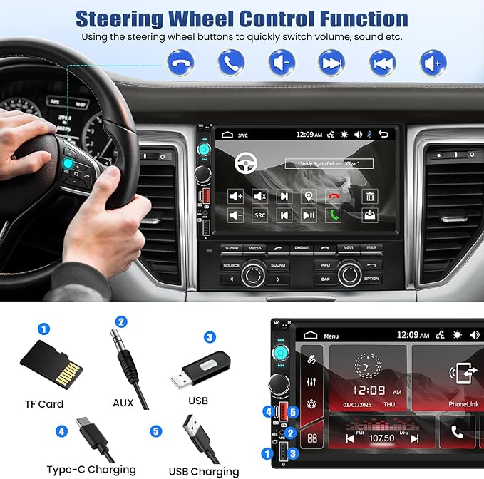 CAMECHO 7 Inch Double Din Car Stereo Touch Screen Bluetooth Car Radio Support Mirror Link FM Radio USB/Type-C/AUX/SD Input Car Audio Receivers Multimedia MP5 Player 2 Din Head Unit