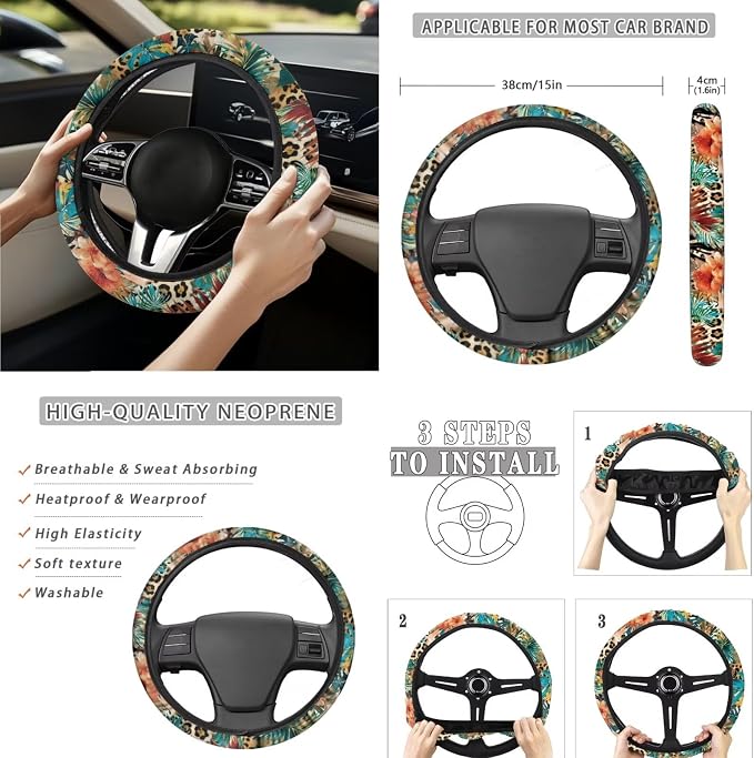 Tropical Floral Auto Interior Accessories Leopard Car Seat Covers with Auto Steering Wheel Cover Seat Belt Covers Car Trash Can View Mirror Cover Coaster Keychains