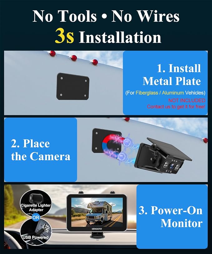 VEKOOTO VK7 Pro Magnetic Solar Wireless Backup Camera, 7'' IPS Touchscreen Monitor HD1080P No Wiring 15,800mAh Rechargeable Camera System for Hitching Gooseneck Horse Trailer RV Camper Car Truck