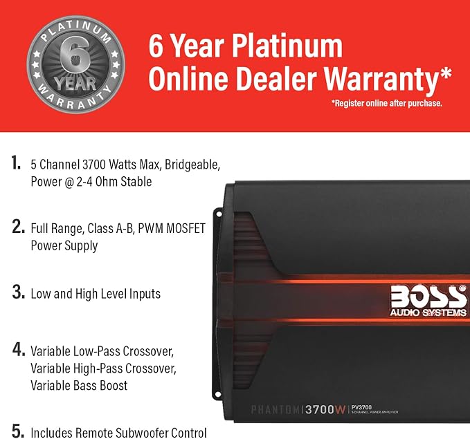 BOSS Audio Systems PV3700 5 Channel Car Stereo Amplifier – 3700 High Output, 5 Channel, 2/4 Ohm Stable, Low/High Level Inputs, High/Low Pass Crossover, Full Range, Bridgeable, for Subwoofer