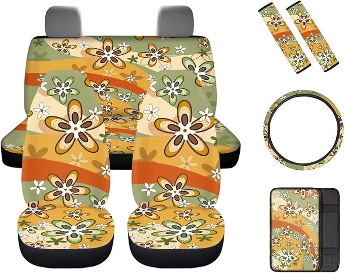 Hippie Floral Design Car Seat Cover Full Set for Women, Car Steering Wheel Cover Auto Center Console Pad Seat Belt Pads, Universal Automotive Interior Accessories Set of 8