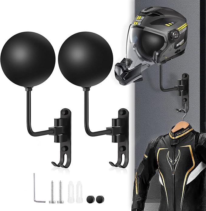 Kikerike Motorcycle Helmet Rack Wall Mount 180 Degree Rotation Metal Bike Helmet Holder Bicycle Helmet Display Stand with 2 Hooks for Motorcycle Bike Baseball Rugby Helmets - Black, 2 Pcs